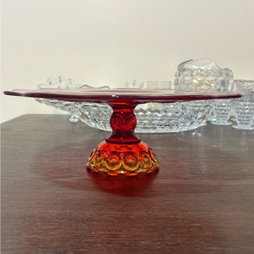 Vintage L.E. Smith Moon & Stars Amberina Glass Cake Plate Mid-20th Century